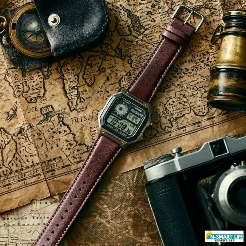 X9-A112151 Standard Digital World Time Leather Strap Quartz Watch.